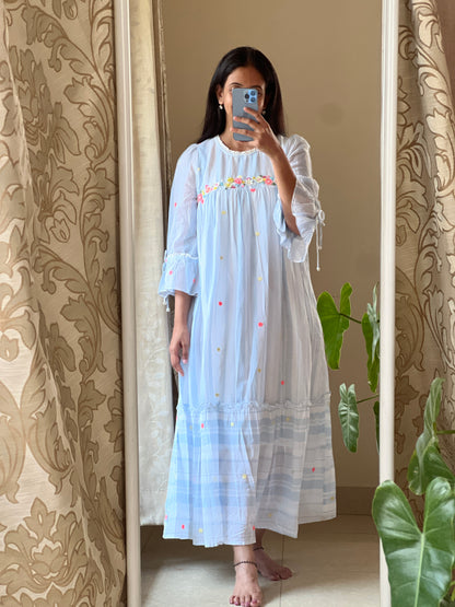 A0360 blue & white stripes Bengal cotton jamdani one piece dress with hand embroidery detailing