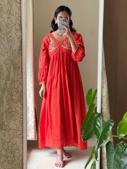 A0506 orange cotton kota one piece dress with hand embroidery detailing on yoke part