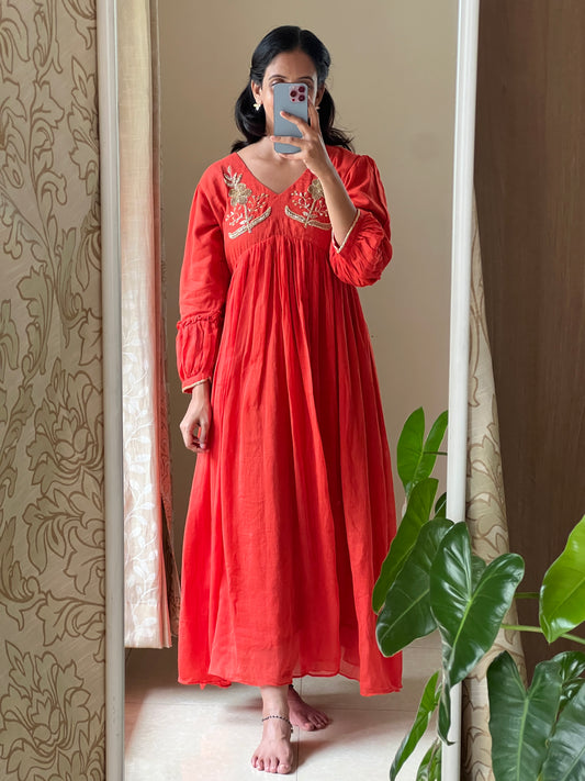 A0506 orange cotton kota one piece dress with hand embroidery detailing on yoke part