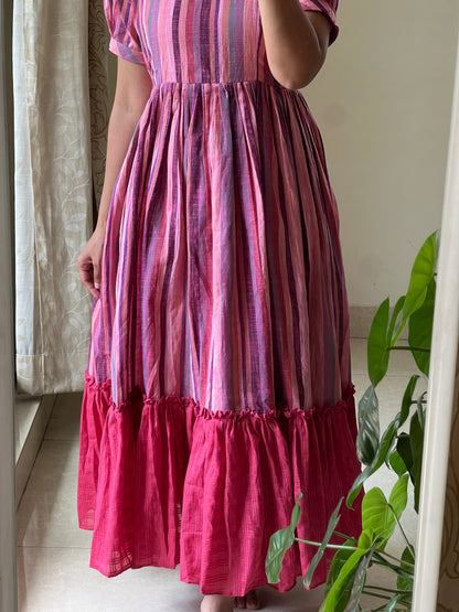 A0525 pink handloom cotton one piece dress in stripes and gathering at bottom of the dress