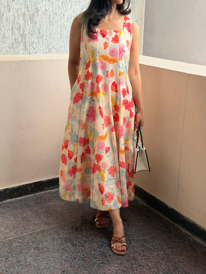 A0767 cream Lenin floral one piece dress comes with lining inside & 3/4th sleeves inside. (Dispatch time one week from 5th June)