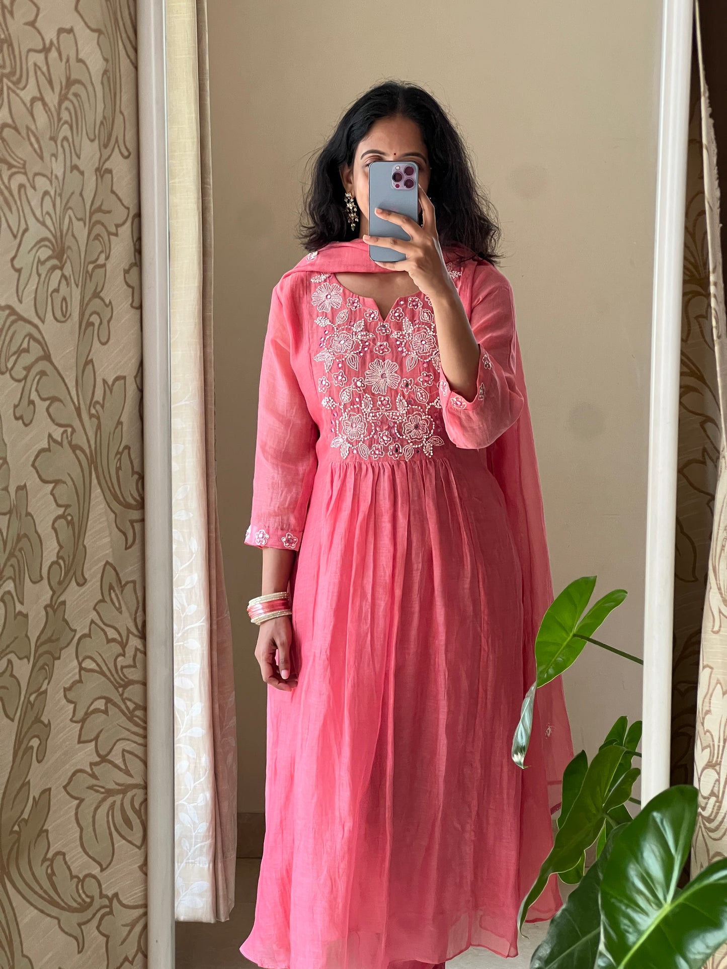 A0499 peach mul chanderi 3 piece dress with hand embroidery detailing on yoke part and buttis on duppatta