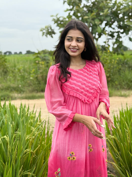 A0539 Pink Bloom 🌸 mul chanderi shaded one piece dress with floral embroidery and different yoke part