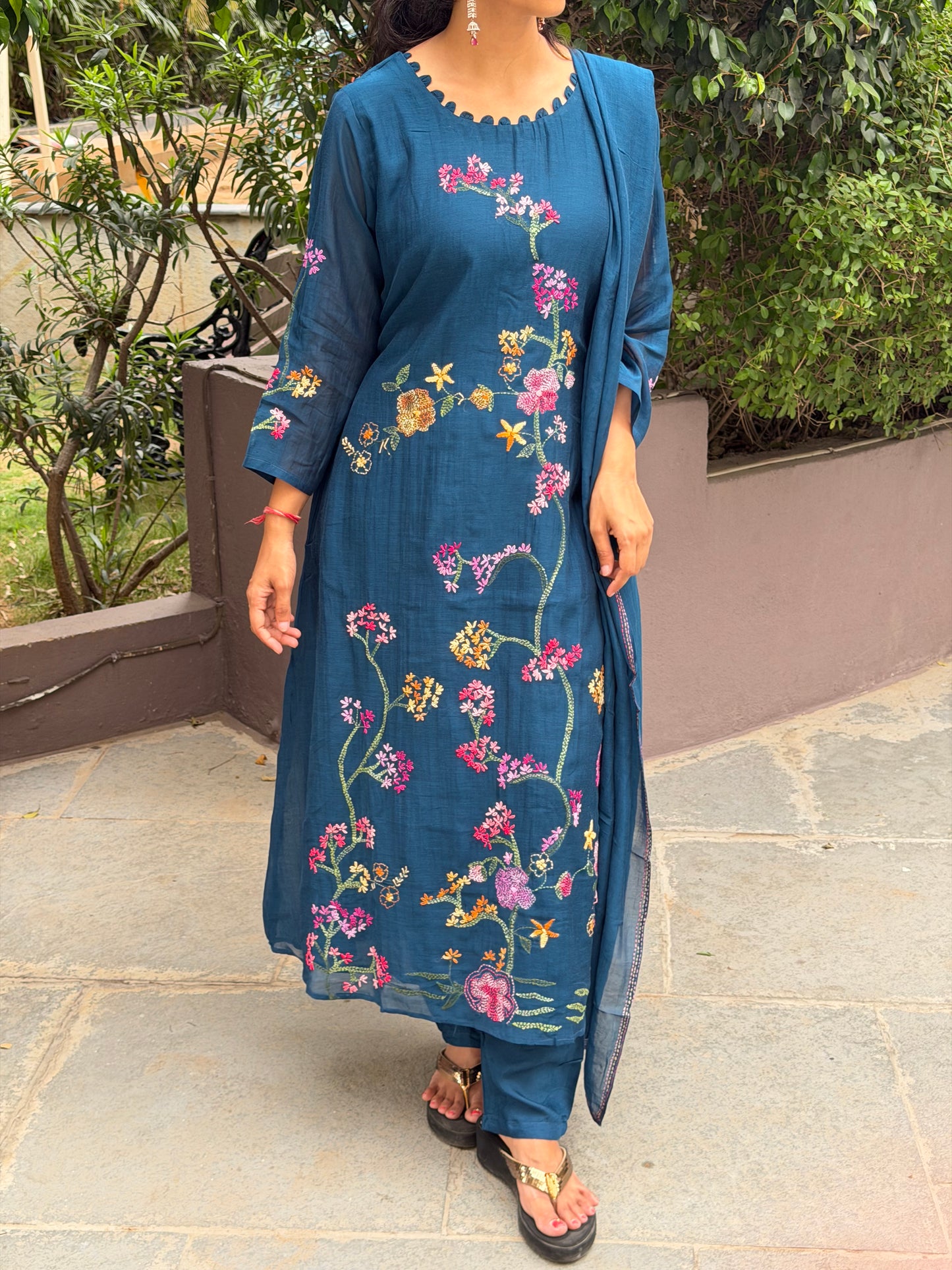 A0686 premium Mul Chanderi 3pc in peacock blue shade with all over hand embroidery details