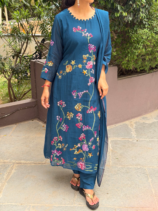 A0686 premium Mul Chanderi 3pc in peacock blue shade with all over hand embroidery details
