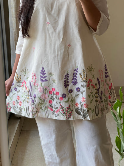 A0412 Mulmul Summer Coord with Embroidery detailing and bell bottoms