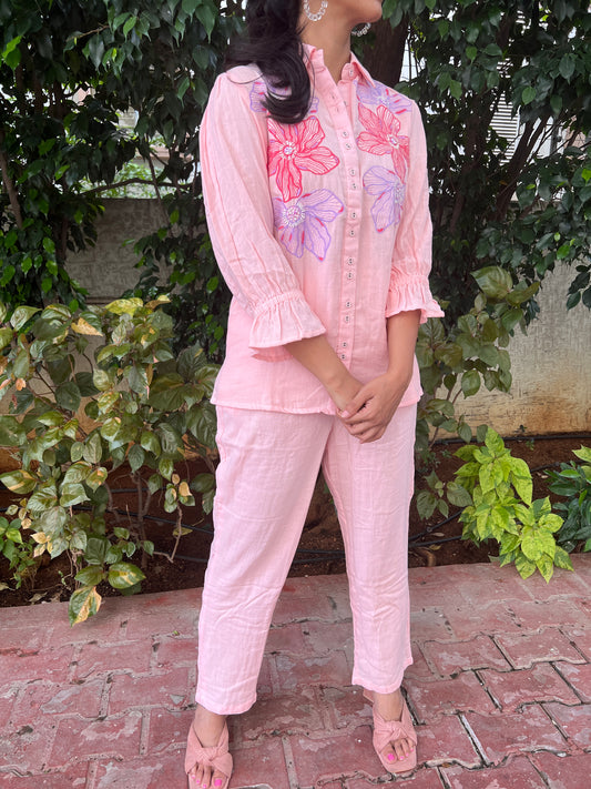 A0129 Pink Premium Cotton Coord Set with Machine Embroidery