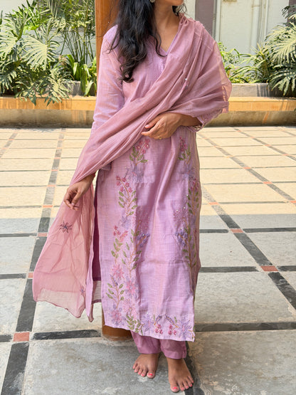 A0739 lavender matka chanderi straight cut 3 piece dress with Kantha work detailing all over the dress & butties all over the duppatta
