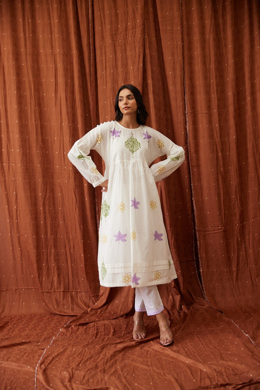 A0470 white cotton two piece set with hand block printed detailing