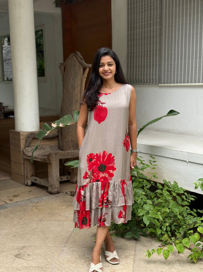 A0838 Grey Cotton silk dress with floral print design