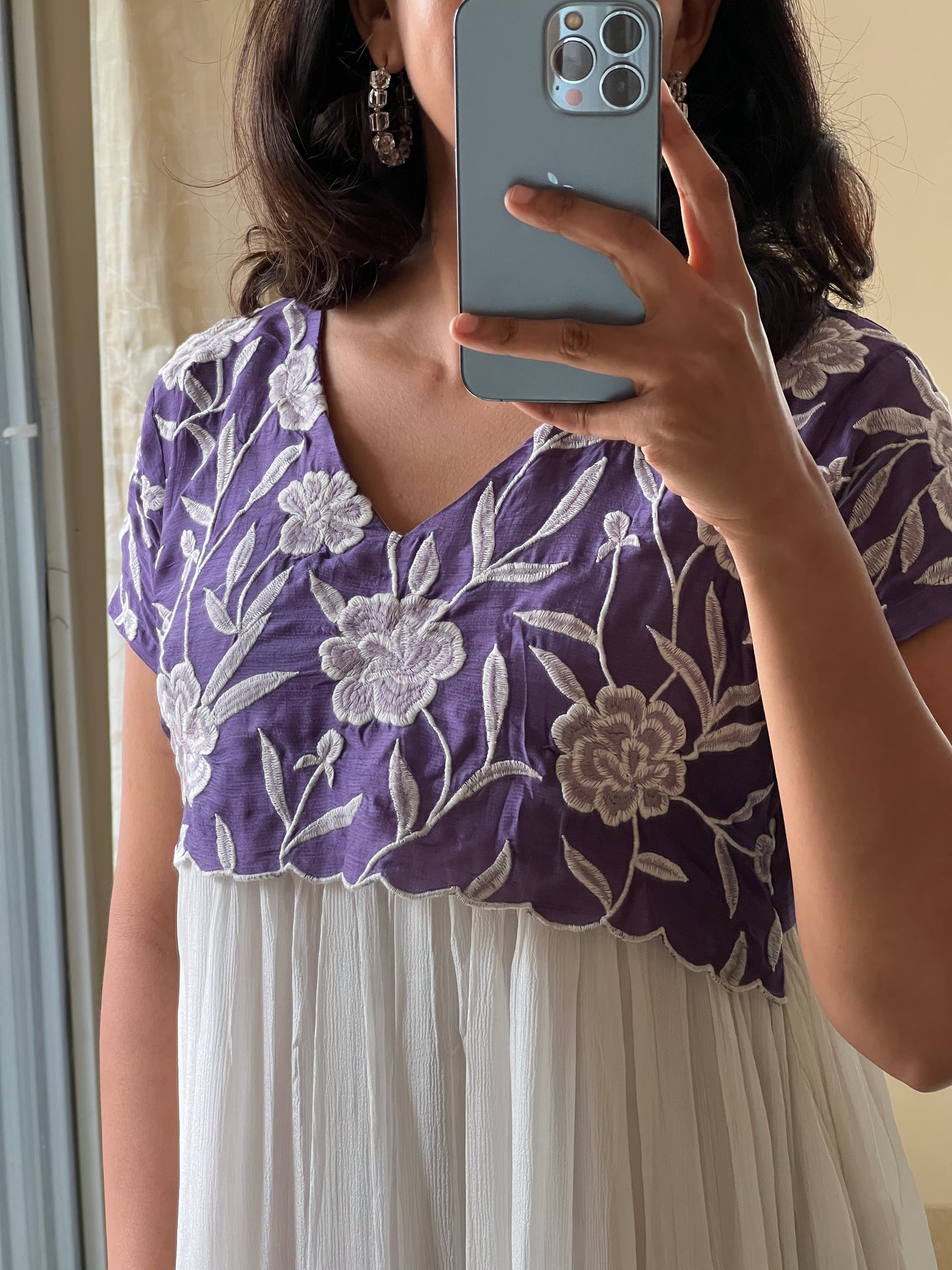 A0530 white & purple chinnon one piece dress embroidery detailing all over the yoke part