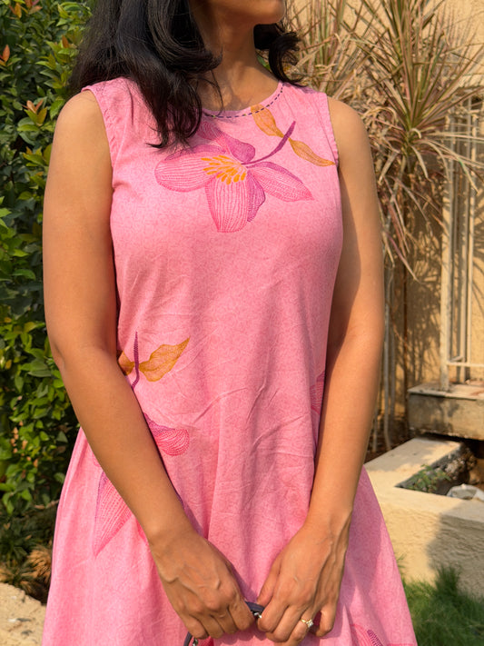 A0748 pink Mul cotton digital printed floral A-Line dress