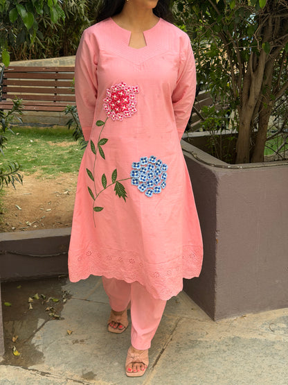 A0652 Pink shade Mulmul cotton 2pc with applique work leaves, 3d flowers and hakoba detailing