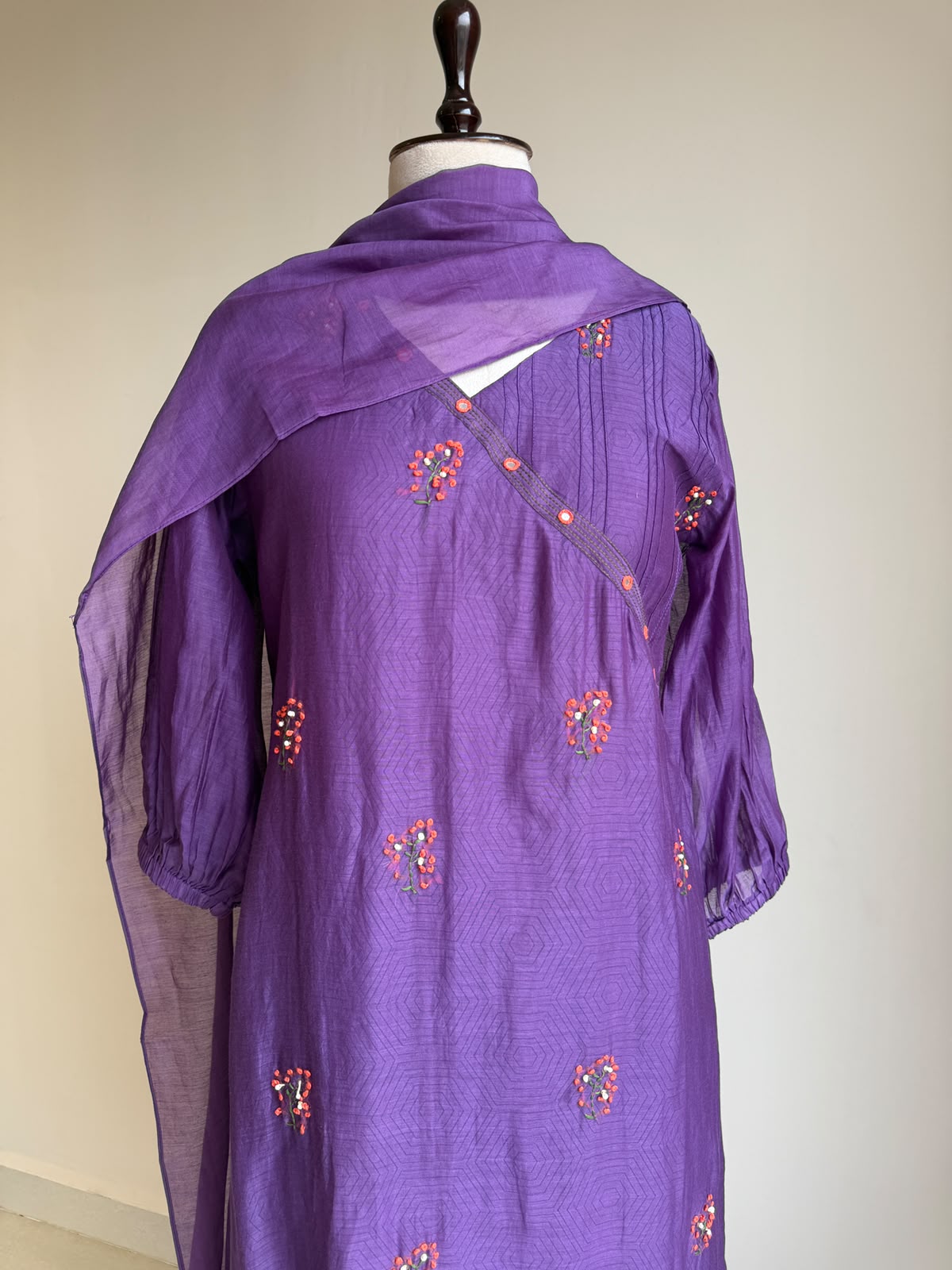 A0850 purple mul chanderi hand embroidery 3 piece dress