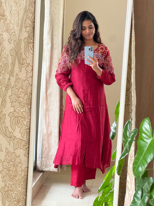 A0538 red mul chanderi 2 piece dress with hand embroidery detailing on yoke part with mirrors & Kantha work