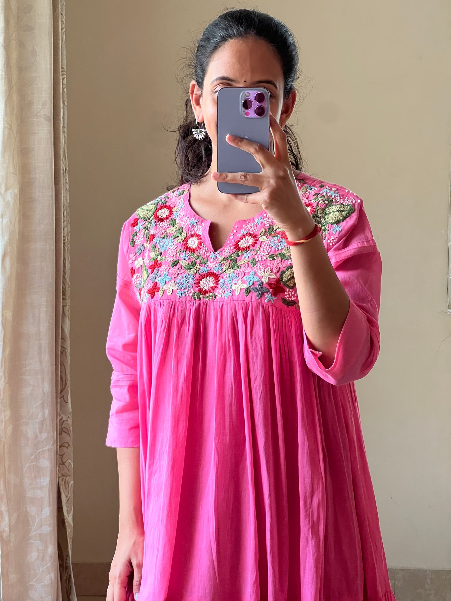A0645 pink Mulmul one piece dress with hand embroidery detailing on yoke part