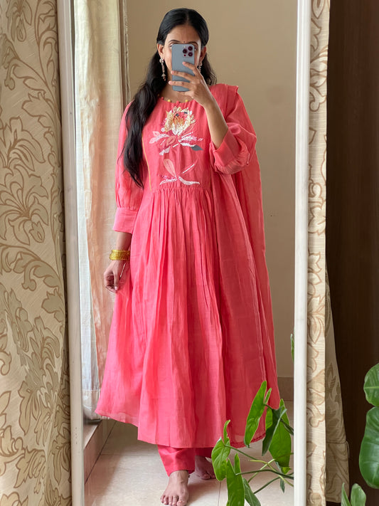 A0421 peach mul chanderi 3 piece dress with hand embroidery, beads and chips work