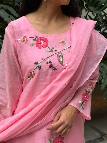 A0618 pink mul chanderi 3 piece suit with hand paint & hand embroidery detailing