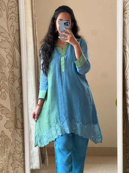 A0390 blue & green shaded Mul chanderi coord set cut work embroidery detailing
