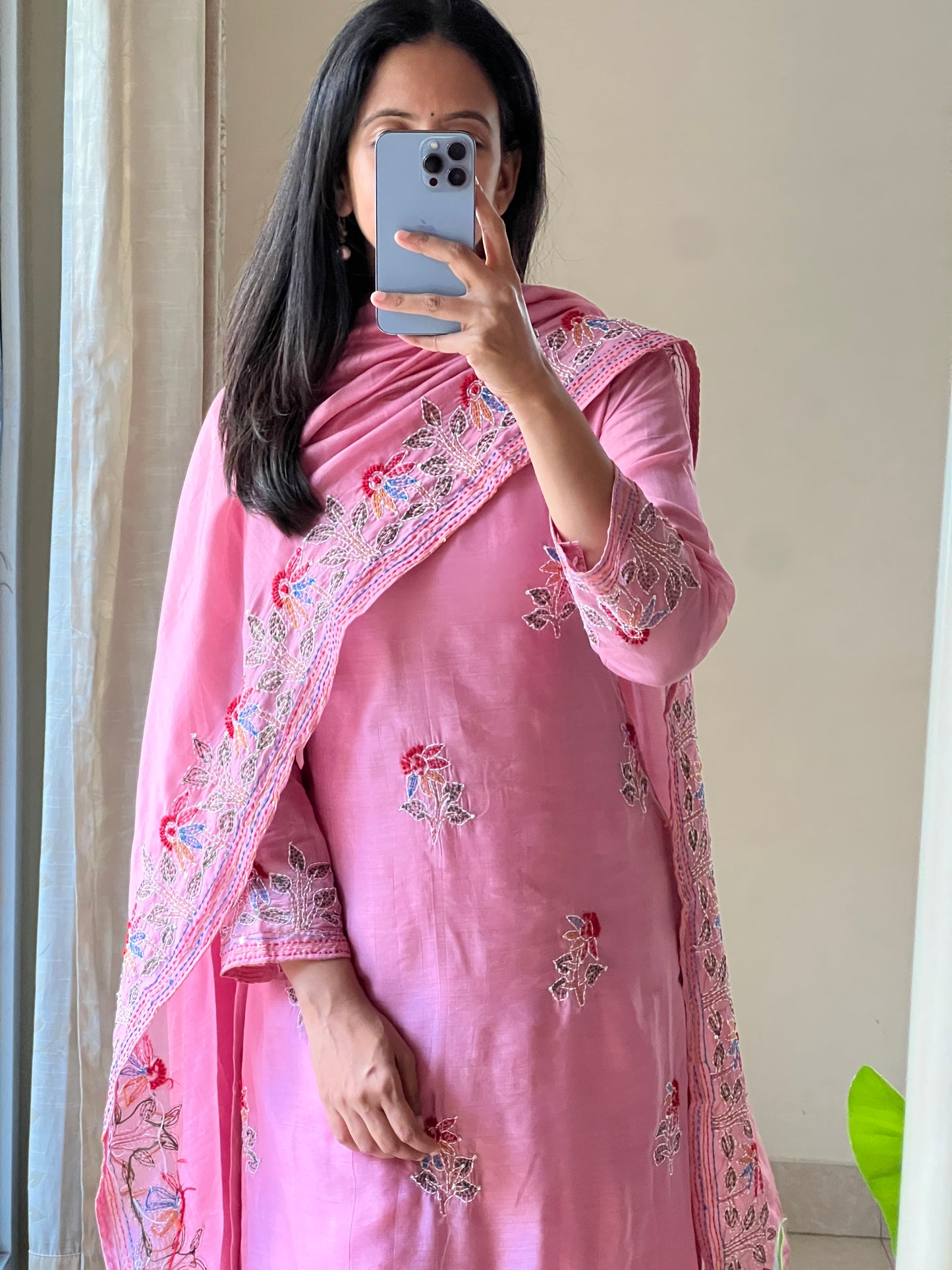 A0557 pink mul chanderi Aline 3 piece dress with Kantha work detailing all over the dress & duppatta( in pictures it’s looking straight cut but it’s Aline style )