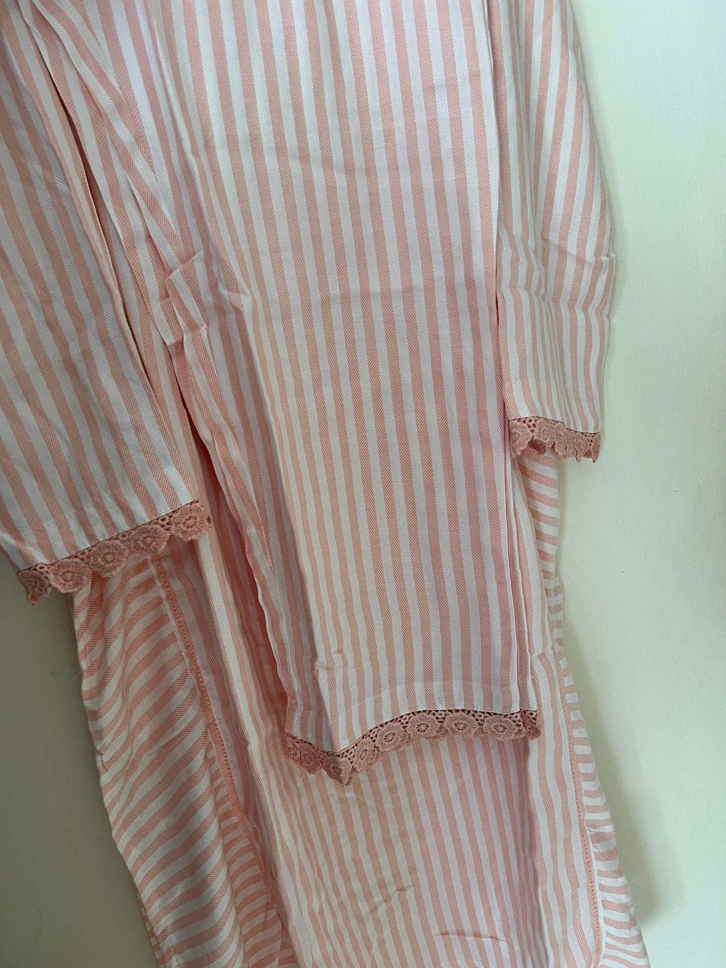 A0206 peach stripes handloom cotton 2 piece dress with machine embroidery on yoke