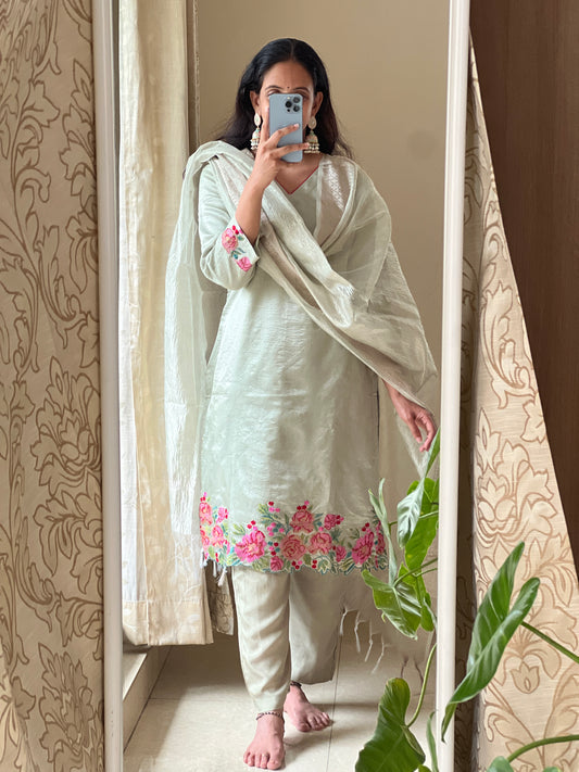 A0403 pista green crushed tissue 3 piece dress with crossstich machine embroidery & cut work detailing