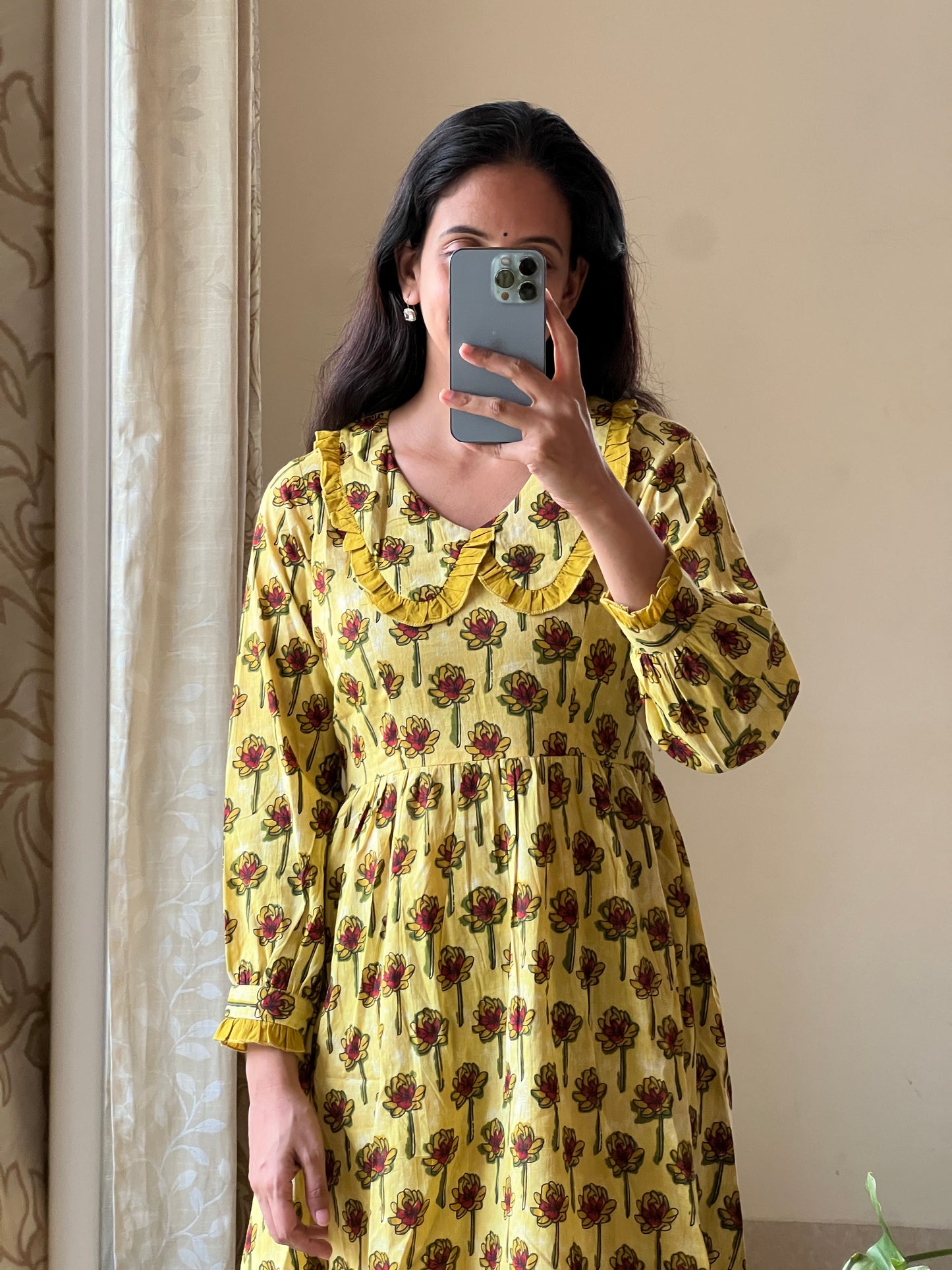 A0375 yellow pure cotton Hand block print frock with Peter collar neck and back tie up