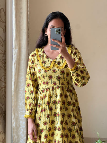 A0375 yellow pure cotton Hand block print frock with Peter collar neck and back tie up