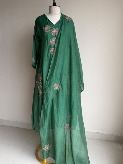 A0839 green mul chanderi Kantha work a line 3 pc dress