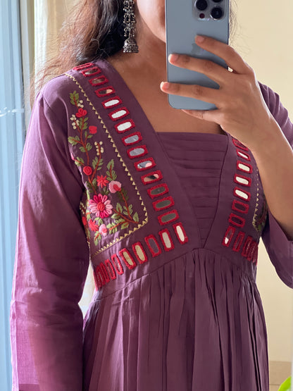 A0219  lavender Mulmul one piece dress with glass mirror work & hand embroidery