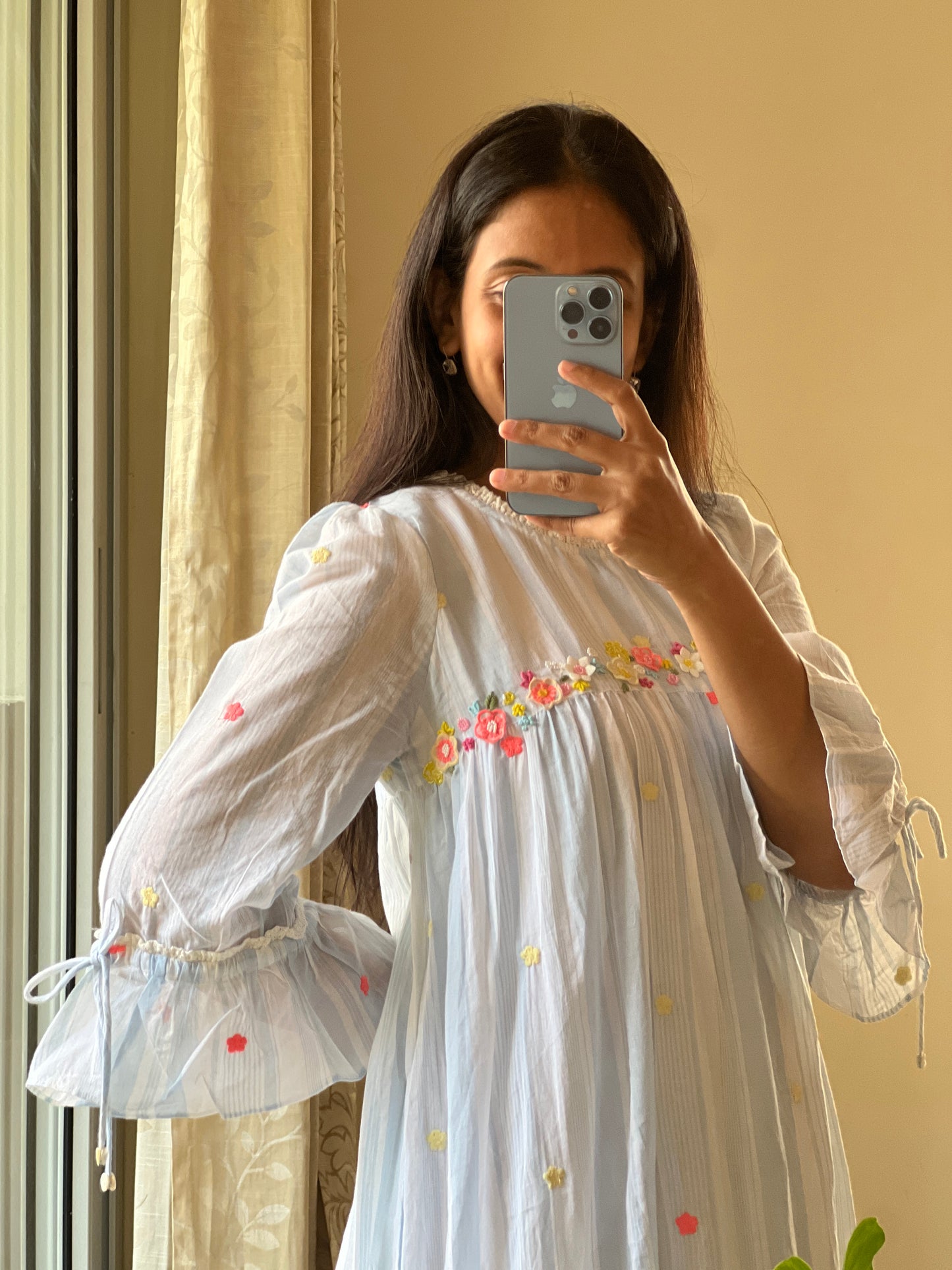 A0360 blue & white stripes Bengal cotton jamdani one piece dress with hand embroidery detailing
