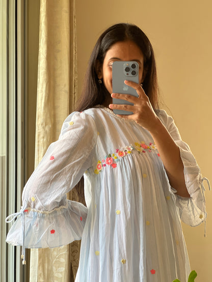 A0360 blue & white stripes Bengal cotton jamdani one piece dress with hand embroidery detailing