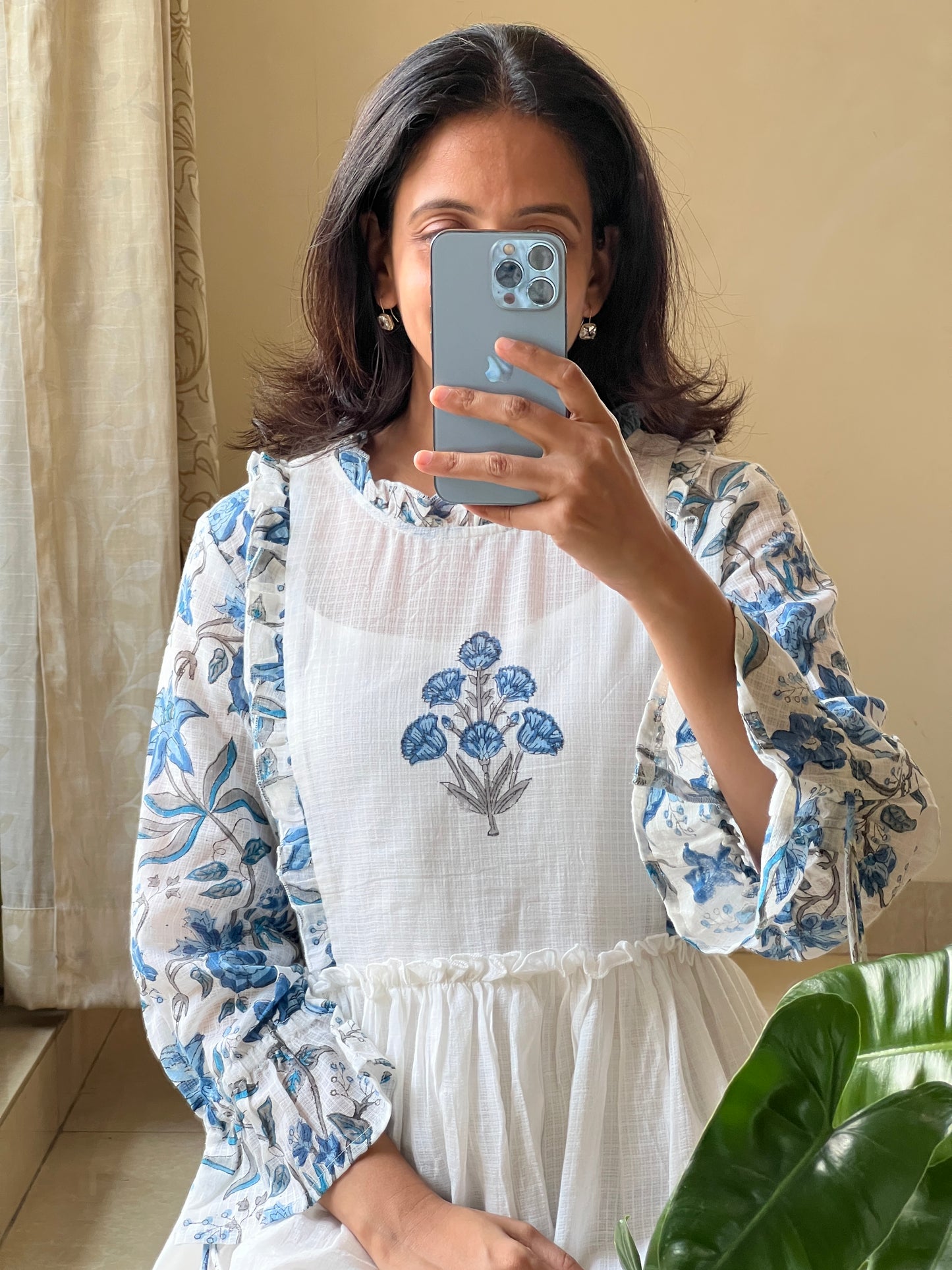 A0464 pure cotton kota white & blue hand block printed dress comes with separate lining inside