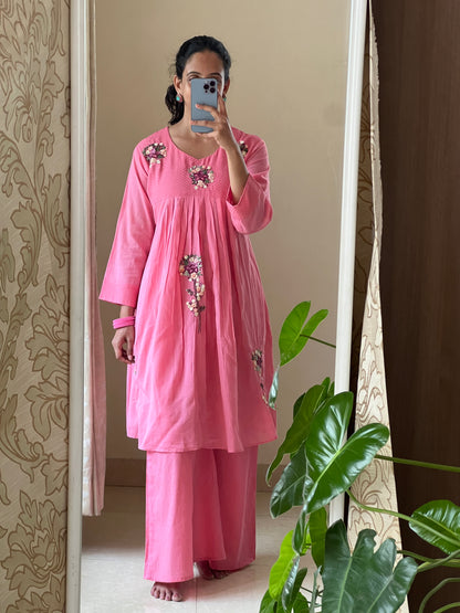 A0503 pink mul cotton 2 piece dress with hand embroidery detailing comes with plazzo pants