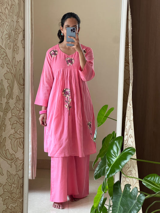 A0503 pink mul cotton 2 piece dress with hand embroidery detailing comes with plazzo pants