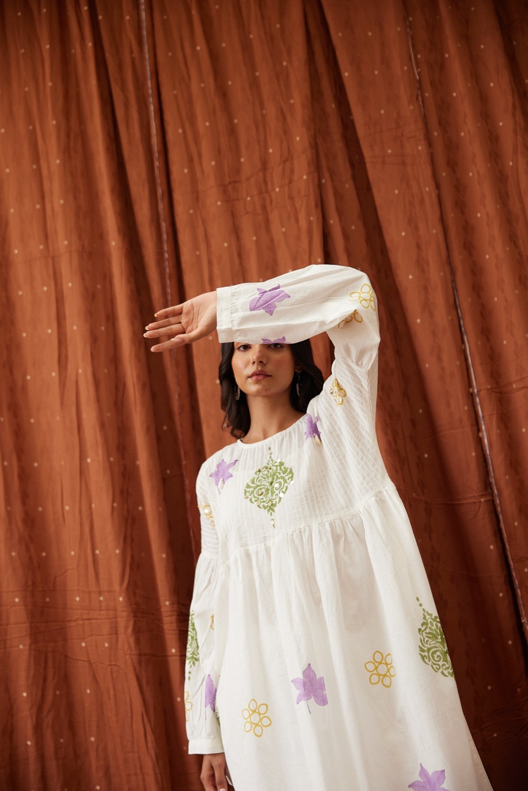 A0470 white cotton two piece set with hand block printed detailing