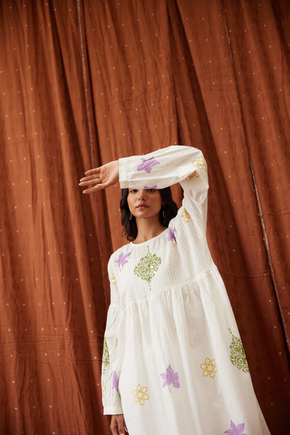 A0470 white cotton two piece set with hand block printed detailing