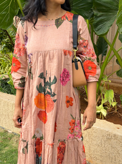 A0743 Buttercup, Beige shade multicoloured floral design dress This is running fabric and print placement may differ from size to size. Design would be same.