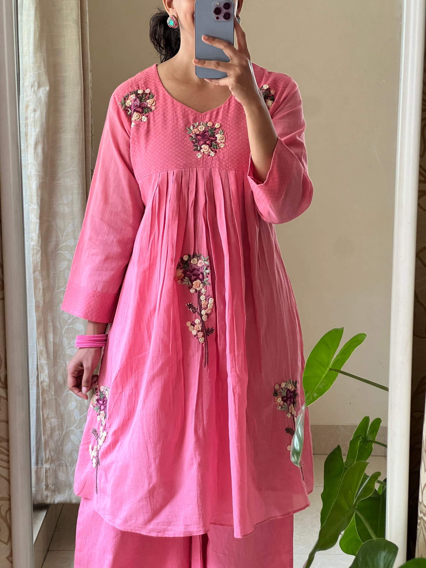 A0503 pink mul cotton 2 piece dress with hand embroidery detailing comes with plazzo pants
