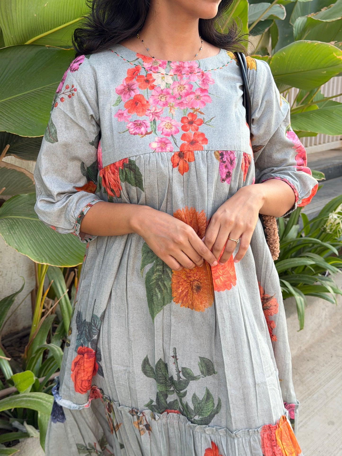 A0742 Sage grey Mul cotton  digital print dress