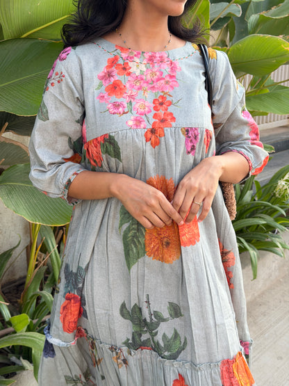 A0742 Sage grey Mul cotton  digital print dress