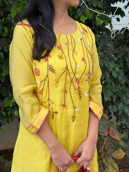 A0599 yellow mul chanderi coord set with hand embroidery detailing all over the neck & bottoms