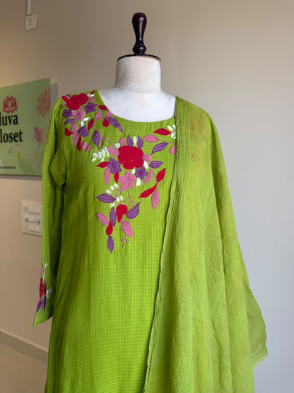 A0857 green Kota applique work 3 piece dress