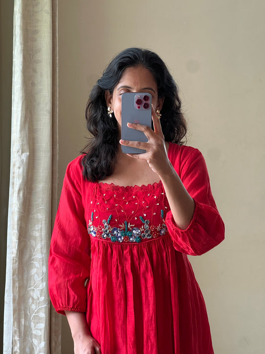 A0497 red mul chanderi one piece dress with hand embroidery detailing on yoke part