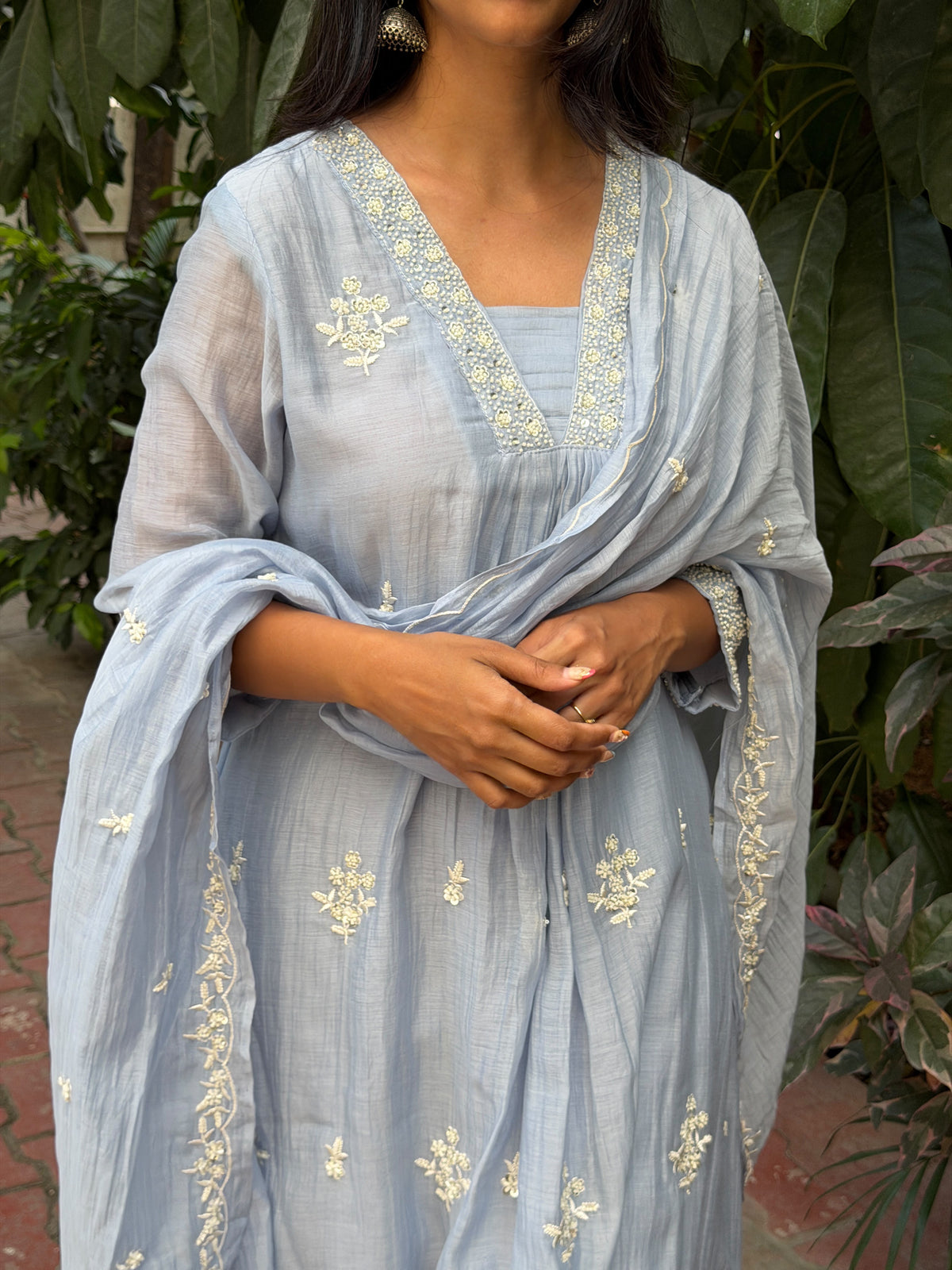 A0889 powder blue mul chanderi 3 piece dress
