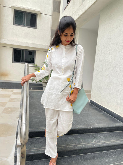 A1525 white premium cotton self weaved coord set with yellow floral hand embroidery
