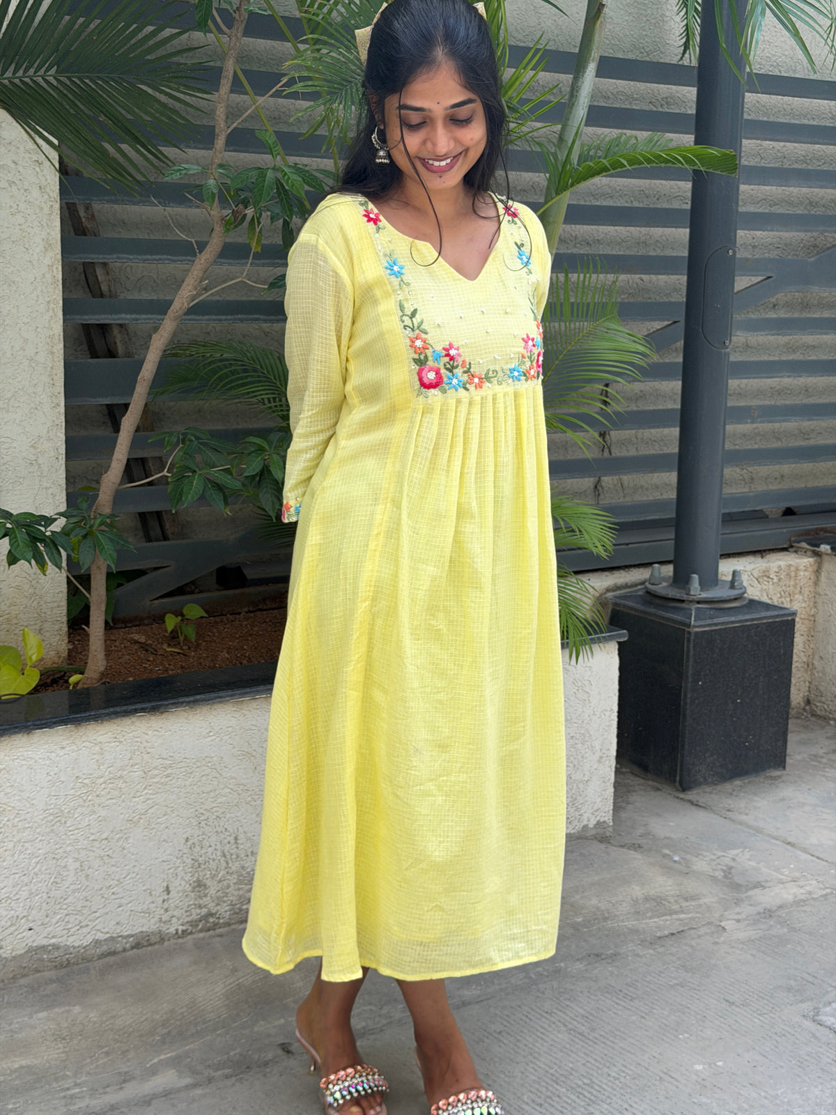 A0834 Butter Yellow Cotton Kota dress with hand embroidery detailing