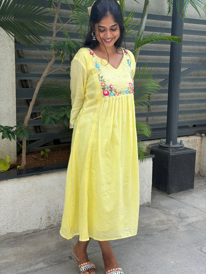 A0834 Butter Yellow Cotton Kota dress with hand embroidery detailing