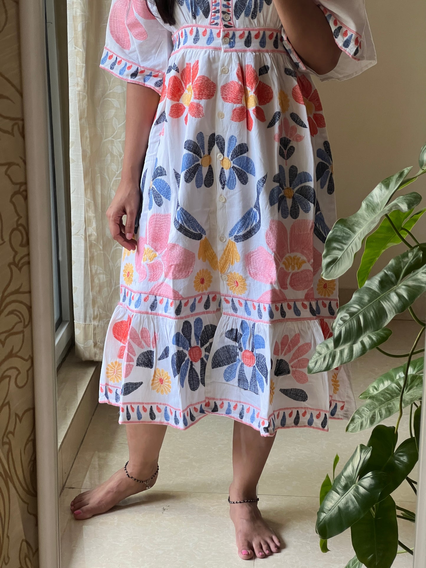 A0097 white Premium cotton one piece frock with buttons and hand embroidery detailing