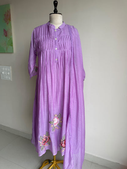 A0842 lavender mul chanderi floral hand embroidery 3 piece dress
